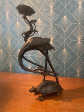 Bougeoir XIXe ou lampe de chevet en bronze grue sur tortue, objet d’art asiatiqu