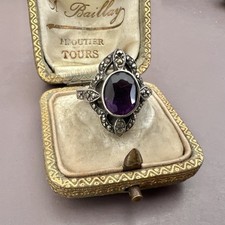 Bague Marquise vers 1980 argent -marcassites- Améthyste Vintage Taille 55/17,7mm