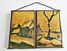Ancien - Charmant miroir à 3 pans - Décor - Paysage d'Hiver, scène animée -