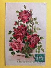 CPA Art Déco FANTAISIE GAUFRÉE FLEURS ROSES ANNIVERSAIRE Famille JOSSERAN D.?