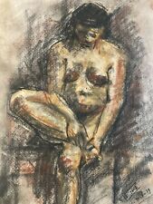 Beau Fusain Femme Nue Nu  1979 Carton Expressionnisme Expressionniste Atelier