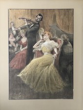 Lithographie Art Nouveau Georges Redon Musique de Chambre Violon Piano 1900s