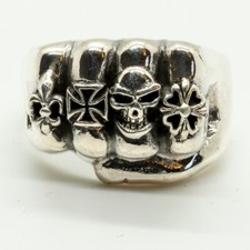 Poing Bague .925 Crâne Argent Iron Croix, Schwartz, Fleur de Lys Gothique Biker