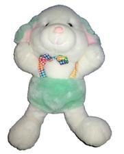Peluche chien lapin blanc Vert salopette noeud papillon carreaux Vintage 38 cm