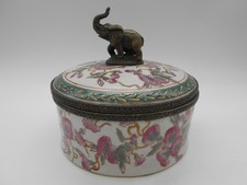 BOITE A BIJOUX BONBONNIÈRE EN FAIENCE CRAQUELÉ  FLORAL ET ELEPHANT EN BRONZE