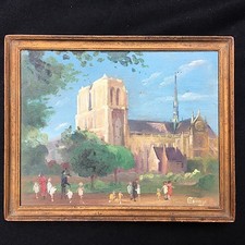 Petit tableau huile bois cadre notre dame de paris parc jean XXIII personnages