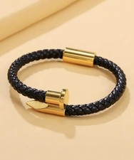Bracelet Acier Inoxydable Clou Doré Or Homme Similicuir Noir Tressé Corde Bijoux