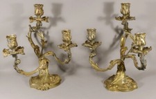 Paire De Chandeliers Rocaille Asymétriques à 3 Branches, Bronze Doré XIX ème