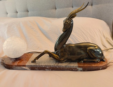 GRANDE LAMPE VEILLEUSE GAZELLE REGULE SUR MARBRE BOULE PATE DE VERRE ART DECO