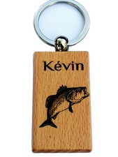 superbe porte clefs bois exotique gravé pêche carnassier  + prénom au choix