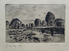 Gravure originale eau-forte signée à identifier Ay 1937 bords de rivière paysage
