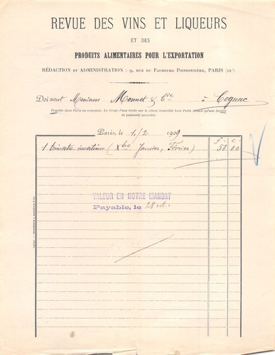 Facture 1909 revue des vins - facture,