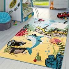 Tapis Chambre D'Enfant Monde Sous-Marin Poils Ras En Turquoise Bleu