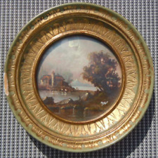 Tableau peinture miniature sur cuivre paysage bord de lac signée Mauget