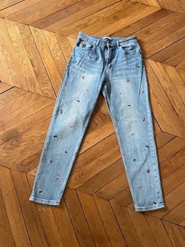 Jeans bleu fleurs brodées - jeans, à