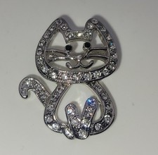Bijou Vintage Broche Chat Métal Argenté Et Cristaux # F2