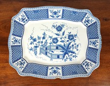 ancien plat rectangulaire blanc et bleu en céramique décor floral en faience de