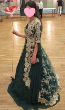 Robe de soirée longue verte et dorée, 2 pièces. Dentelle à traine. T.36/38