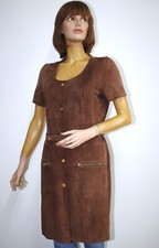 Vintage 80s Brown Suede Short Sleeve Dress REVILLON PARIS Size M Made in France