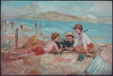 Ancien Tableau "Enfants à la Plage" Peinture Huile Oil Painting Children Beach