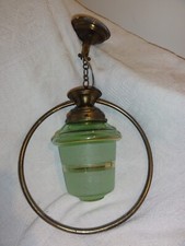 ANCIENNE SUSPENSION GLOBE VERRE VERT  GRANITE LISERES DORE VINTAGE ART DECO