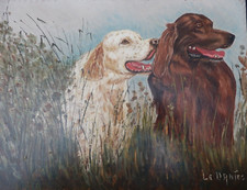 Huile sur Panneau  35 x 27 cm - signé- Peinture Tableau Chien de chasse Epagneul