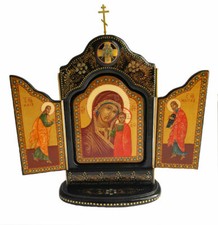 ICONE RUSSE RELIGIEUSE ORTHODOXE TRIPTYQUE NOTR DAME KAZAN NOIR ET DORE