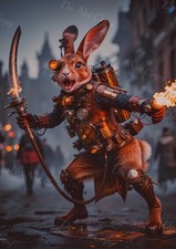 Photo A4 lapin steampunk armé flamme et sabre mécanique – 832