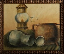Aquarelle - Nature morte à la lampe à huile  1925 - ECOLE BELGE - RAF STEED
