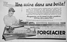 PUBLICITÉ PRESSE 1933 JOUET FORGEACIER UNE USINE DANS UNE BOITE LES TRAINS JEEP
