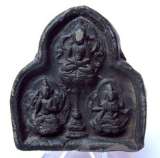 Miniature Tsa-Tsa Terre Cuite Votive 3 divinités tantriques stupa Tibet 19e