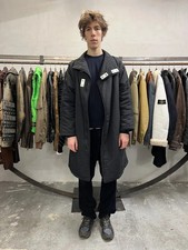 1990s Armani Asymmetrical Metal Buttons Black Nylon Trench Coat (L)