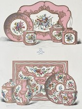Ancienne Gravure Planche Porcelaine de Sèvres Service à thé Solitaire bleu 1890