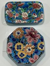 LOT 2 Vides poche ancien octogonal céramique émaux Longwy décor Fleurs
