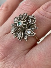 ANTIQUE BAGUE FLEUR OR ARGENT MASSIF - DIAMANTS ET ÉMERAUDE