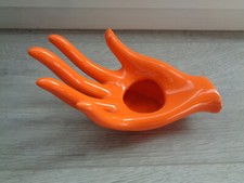 RARE MAIN BAGUIER SIGNE JMR CERAMIQUE PORCELAINE VINTAGE ORANGE 1970