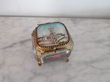 ANCIENNE Boîte Coffret Bijoux à Facettes en Laiton Verre Biseauté Le HAVRE Phare