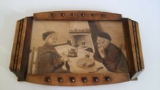 Insolite Petit plateau bois ancien vitré à usage de desserte de table "Le Repas"