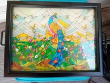 très beau Plateau en vitrail paon format personnalisé signé