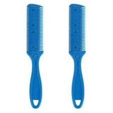 2Pcs Peigne Coupe Cheveux Rasoir Désépaississant Effiler 2 Lames 18cm Bleu Soins