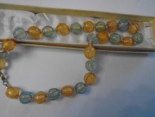 COLLIER/boules rayures bleues et oranges/MURANO