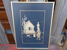 ancien Tableau Marqueterie village afrique madagascar poule femme 