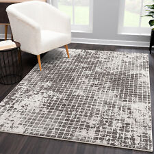 Tapis Salon Moderne Beige Gris à Poils Ras Carreaux Motif Vintage Motif