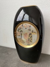 ancien vase fleur ceramique noire decor japonais geisha ? deco Asie
