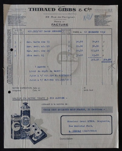 Facture 1932 paris savon - paris,