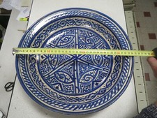 CA492 PLAT BLEU MAROC COUSCOUS ANCIEN VINTAGE MARABE CERAMIQUE D 34 CM
