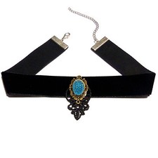 Collier Ras De Cou choker victorien gothique noir Velours strass bleu dentelle