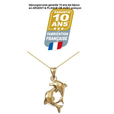 PENDENTIF VÉRITABLE PLAQUE OR 2 DAUPHINS + CHAÎNE