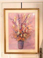 Tableau Peinture Dessin Pastel Sous Verre Nature Morte Bouquet Rose Fleurs