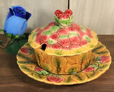 Ancien Confiturier Fraises Sarreguemines Barbotine Assiette Intégrée